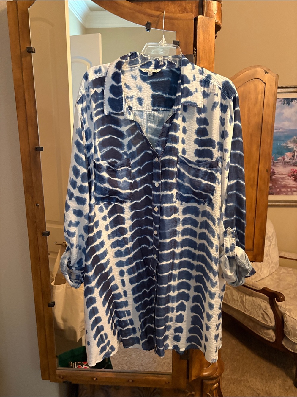 John Mark Blue and White Tie-Dye Long Sleeve Shirt Dress